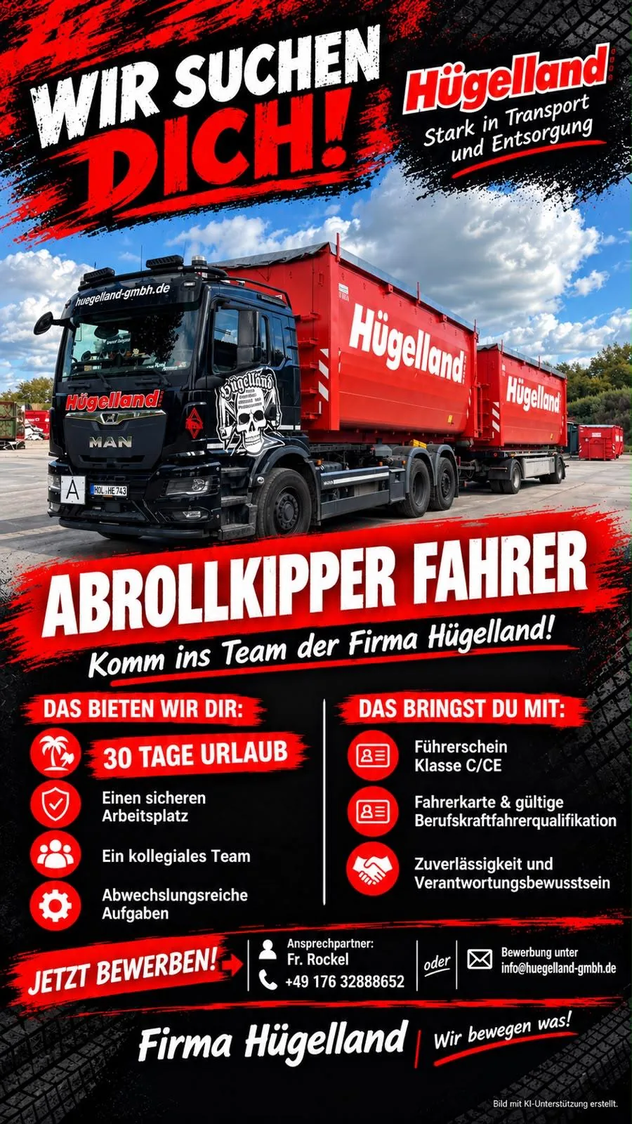 Hügelland GmbH sucht Abrollkipper-Fahrer mit Führerschein Klasse C oder CE